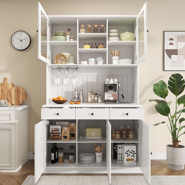 Merax 191cm Buffetschränke, Esszimmer-Hochschrank, mit Glastüren, Gläserhalter, mehrstufigem Stauraum, integrierter Steckdose sowie USB-C- und USB-A-Anschlüssen, Weiß