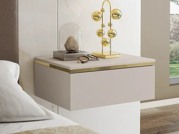 Vente-unique 'VUKIA von Pascal Morabito' Nachttisch mit 1 Schublade, hängend, 1 Stück, Holzspanplatte beige / goldfarben, 48,5 x 38,2 x 19,8 cm