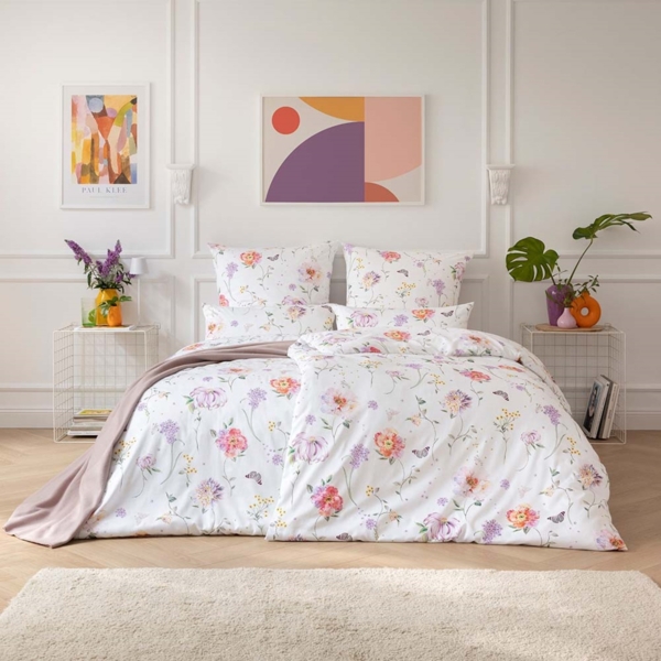 Estella Satin de Luxe Bettwäsche DD 135x200 Aluna Blüten weiß flieder 1030-985