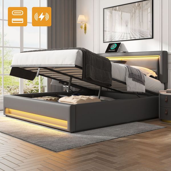 Gepolstertes Bett 140x190 cm, mit USB-Anschluss (unterstützt kabelloses und kabelgebundenes Laden), LED-Beleuchtung und Stauraum, Matratze nicht enthalten, PU-Lychee-Design, grau
