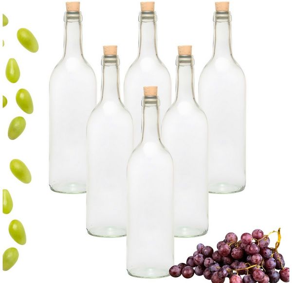 mikken Trinkflasche 6x Glasflasche 0,75 Liter mit Korken Weinflaschen inkl. Etiketten, 6er Set, luftdicht
