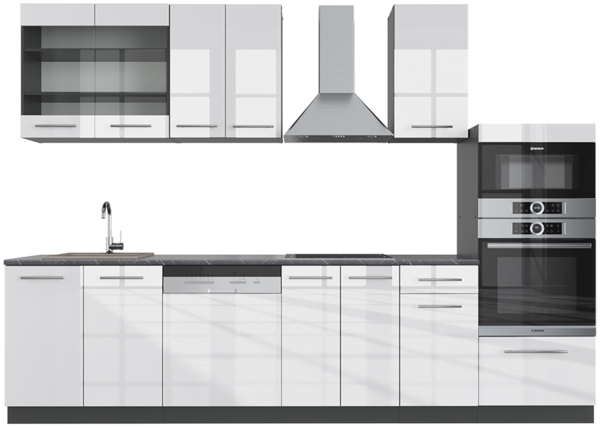 Küchenzeile Fame-Line Weiß Hochglanz/Anthrazit 300 cm mit Hochschrank, AP Anthrazit Vicco