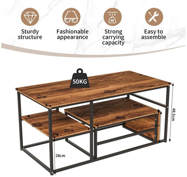 FUROKOY Couchtisch Beistelltisch Sofatisch wohnzimmertisch kaffeetisch 2er set (Quadratische,Set 2 in 1), mit Metallgestell,Holzoptik,Schwarz + Holzmaserung