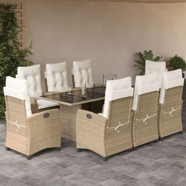 vidaXL 9-tlg. Garten-Essgruppe mit Kissen Beige Poly Rattan 3212693