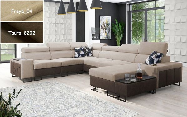 Möbel für Dich Wohnlandschaft XXL Melody VIII in U Form, mit Ablagen, Becherhalter, USB-Ladebüchse, Beistelltisch, 3 Bettkästen