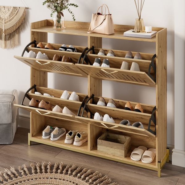 Kommode 108,5x24x100 cm mit 4 Türen, Holzoptik und Metallgestell, platzsparend