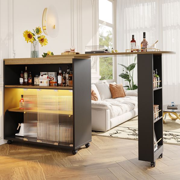 Ausziehbarer Bartisch 138-204x39x105 cm mit LED-Beleuchtung & Rollen, Schwarz
