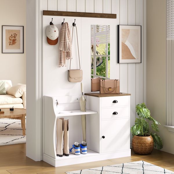 Garderoben-Set 110,5 x 38 x 191 cm mit Spiegel und Schubladen aus Spanplatte