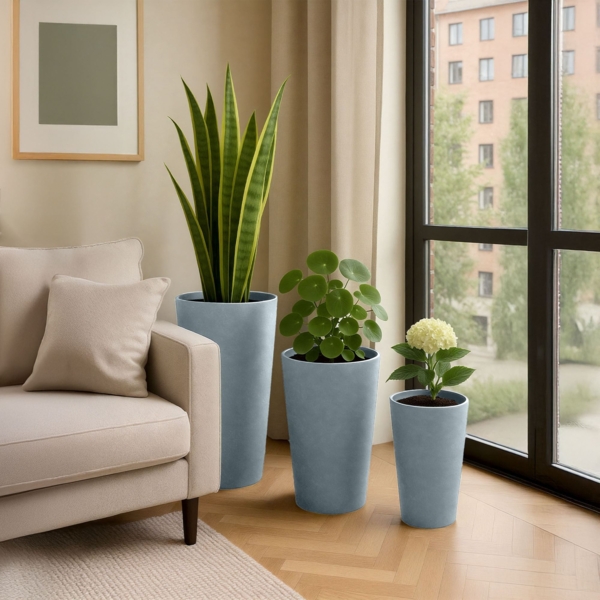 CLP 3er Set Pflanzkübel rund wetterbeständig in Steinoptik mit Ablauf,grau Bild 3