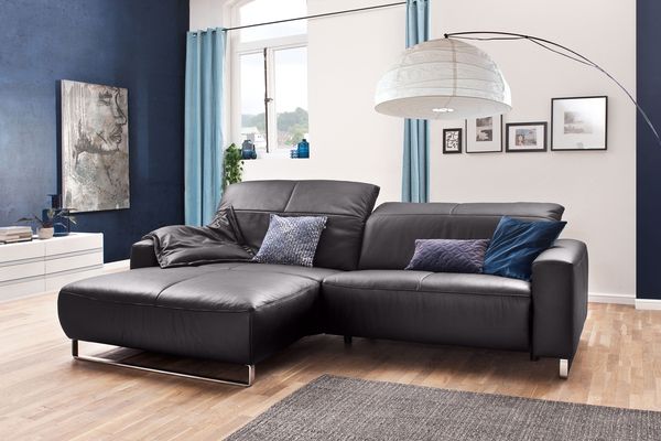KAWOLA Sofa YORK Leder Life-line mocca Rec links Fuß Metall Chrom matt mit Sitztiefenverstellung 85 x 111 x 284 cm