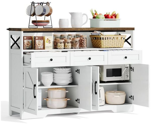 REDOM Sideboard Buffet-Schrank (Buffet-Anrichte 140cm im Landhausstil – Mit Stauraum, 3 Schubladen, 2 Schränken, verstellbaren Einlegeböden, ideal für Küche, Wohnzimmer & Diele, rustikal weiß/braun), Kaffeebar mit 3 Schubladen