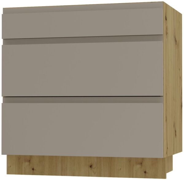 Schubladenunterschrank AVELLINO 80x50x82cm Teilauszug grifflos super matt Farbe: stone grey Acryl matt / Eiche Artisan (AV-D3M/80)
