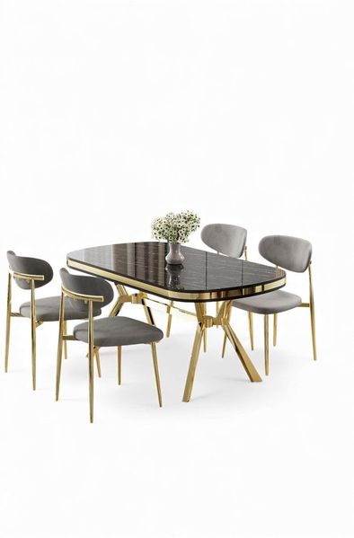 Elegantes 5-teiliges Esszimmer-Set mit Tisch und Stühlen, schwarzer Marmor und Gold, 100% lackierte Oberfläche, modernes Design für glamouröse Räume