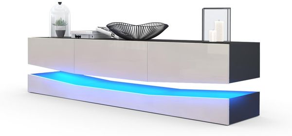 Vladon Lowboard City, TV-Kommode mit Sockelelement, 1 offenem Fach und 3 Schubkästen, Schwarz matt/Sandgrau Hochglanz, inkl. LED-Beleuchtung (178 x variabel x 39 cm)