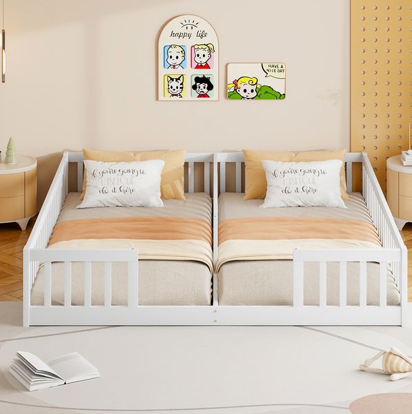 Bett 90x200 cm, 2er Kinderbett mit Sicherheitsgitter aus Kiefernholz – platzsparend und stabil