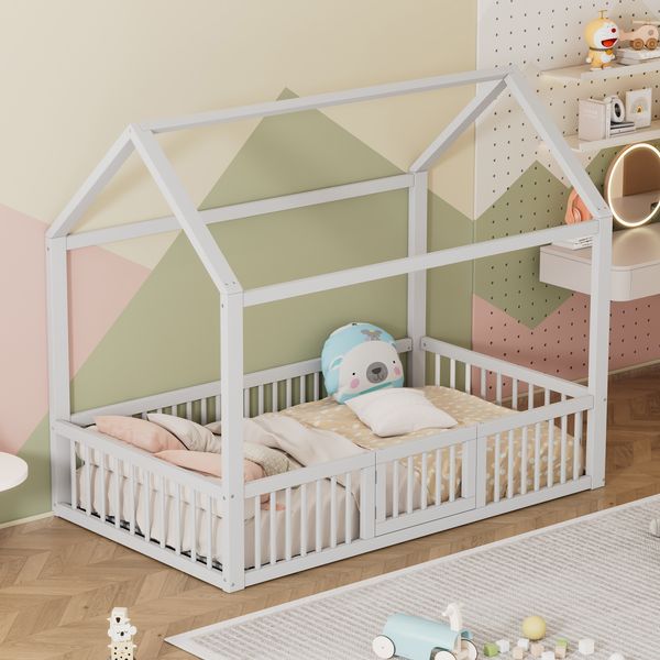 Kinderbett Hausbett aus Kiefernholz mit Sicherheitsgitter & Tür, 90x200 cm, Weiß, ohne Matratze