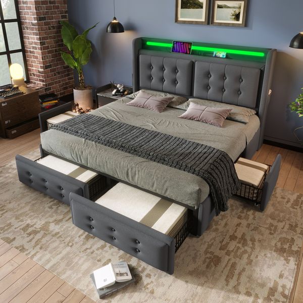 Polsterbett 140×200 cm aus Baumwoll-Leinen-Stoff mit LED-Beleuchtung und USB-C, grau