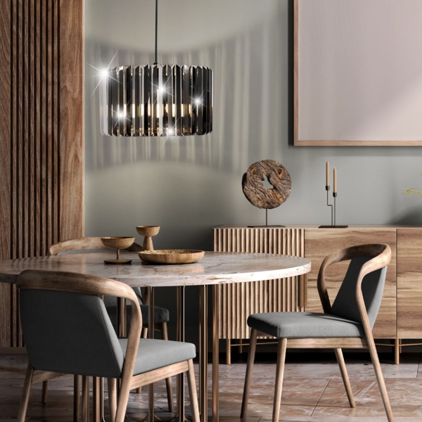 LED Hängeleuchte, Holzoptik, Kristall rauch, H 120 cm