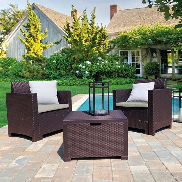 Dmora - Loungeset für draußen Neptune, Outdoor-Lounge mit Couchtisch, Terrassenset mit Kissen, Gartenkomposition mit Sofa und Sesseln, Made in Italy, Braun