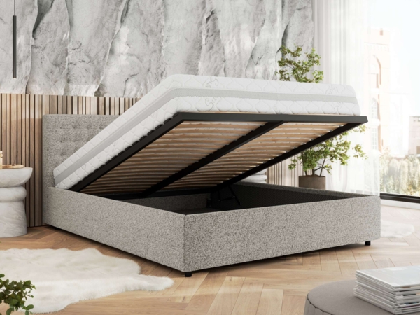 Polsterbett mit Holzlattenrost Doppelbett PAVO CLASSIC, hohe Kopfteil, Bettkasten mit Gasdruckfeder Foam Matratze - 160x200 cm - Hellgrau Strukture - MIRO LUX Bild 3