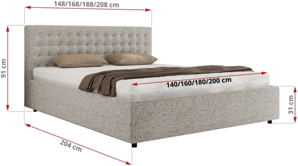 Polsterbett mit Holzlattenrost Doppelbett PAVO CLASSIC, hohe Kopfteil, Bettkasten mit Gasdruckfeder Foam Matratze - 160x200 cm - Hellgrau Strukture - MIRO LUX Bild 4