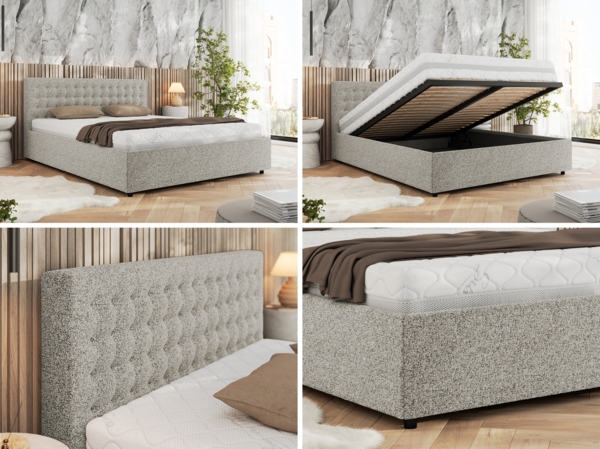 Polsterbett mit Holzlattenrost Doppelbett PAVO CLASSIC, hohe Kopfteil, Bettkasten mit Gasdruckfeder Foam Matratze - 160x200 cm - Hellgrau Strukture - MIRO LUX Bild 2