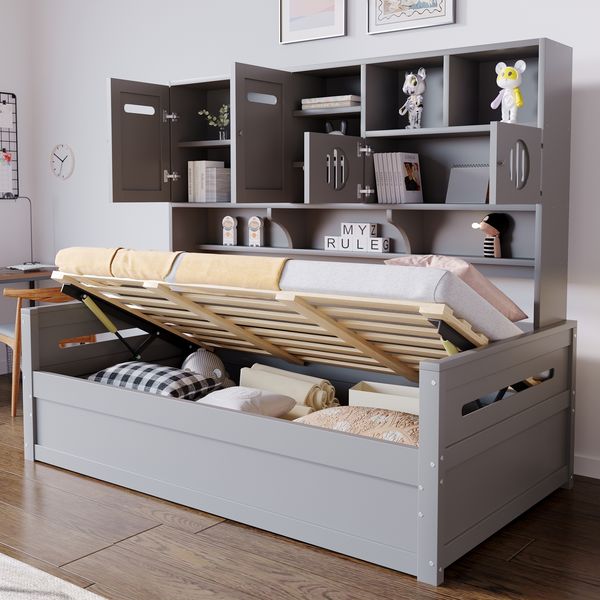 Jugendbett 90×200 cm mit Hydraulik-Stauraum und Regalfächern, Grau, ohne Matratze
