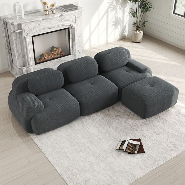 Modulares Ecksofa, H 75 x T 298 x B 178 cm variabel, Grau Cordstoff, 32D hochelastische Polsterung, geschwungene Armlehnen, montagefrei