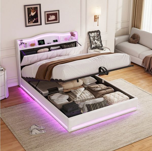 Simurq Polsterbett Jugendbett Hydraulisches Bett mit LED und Ladefunktion (1-tlg, Mit LED-Beleuchtung und Bettkasten), Hydraulisches Stauraumbett, ohne Matratze