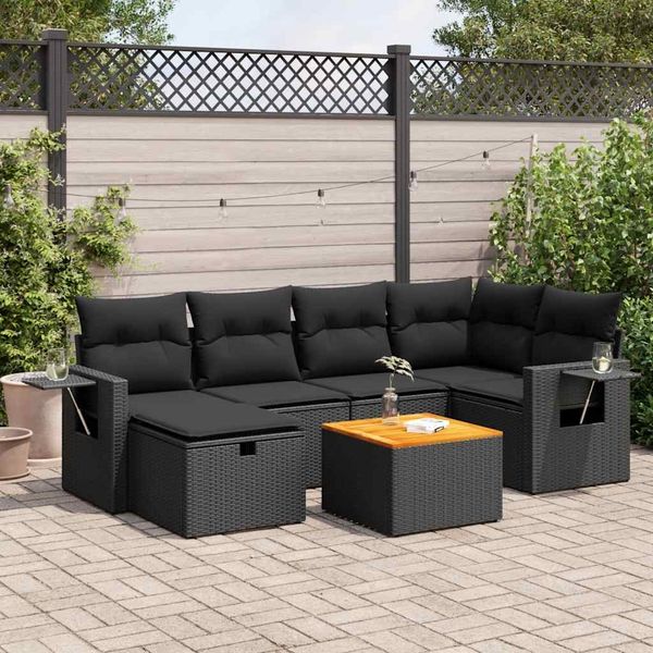 vidaXL 7-tlg. Garten-Sofagarnitur mit Kissen Schwarz Poly Rattan 3325814