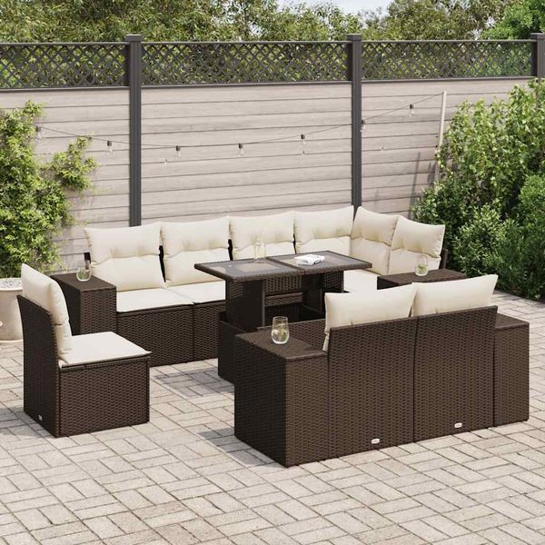 vidaXL 9-tlg. Garten-Sofagarnitur mit Kissen Braun Poly Rattan 3326824