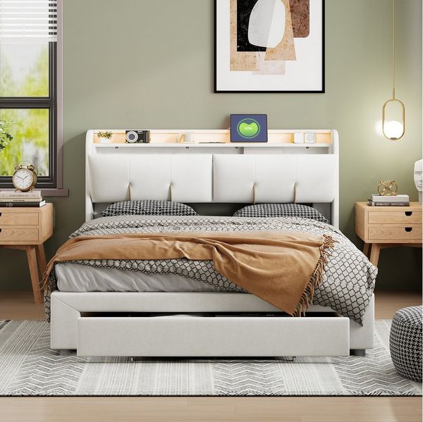 PXloue Polsterbett Elegantes Polsterbett mit LED-Beleuchtung und Stauraum, Modernes Design mit Kopfteilstauraum und USB-Ladeanschluss