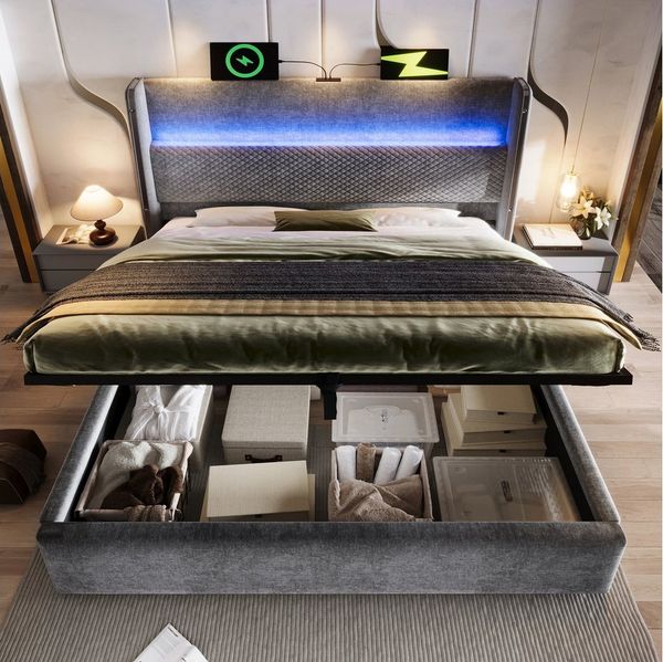 TavilaEcon Boxspringbett Modernes hydraulisches Bett mit hohem Kopfteil und LED-Beleuchtung (1-St), mit USB, Type-C-Anschlüssen, 140×200cm, beige/grau