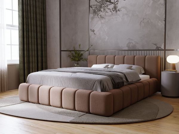 GRAINGOLD Orio Doppelbett 120x200, Polsterbett mit Kopfteil, Bettkasten, Velour-Stoff, Braun