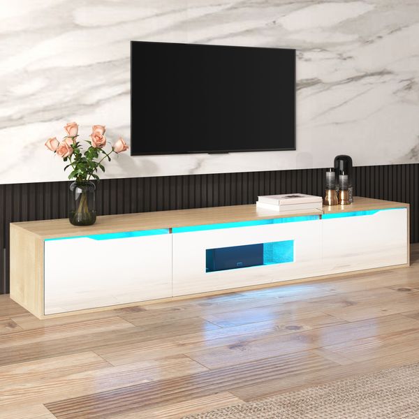 TV-Schrank Weiß Holz Hochglanz LED Beleuchtung Fernsehtisch Wandmontage Wohnzimmermöbel
