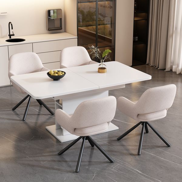 Esszimmerstuhl drehbar H 80 x T 60 x B 60 cm aus weißem Sherpa mit Armlehnen,4er-Set