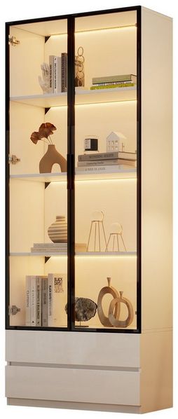 BlingBin Vitrine Glasvitrine Hochschrank mit LED-Leuchten, Aufbewahrungsregale (80 x 34 x 200 cm Standvitrine, 1-St, Wohnzimmer-Beistellschrank mit 2 Türen) Vitrinenschränke mit 2 Schubladen, Bücherregal, Aluminiumrahmen