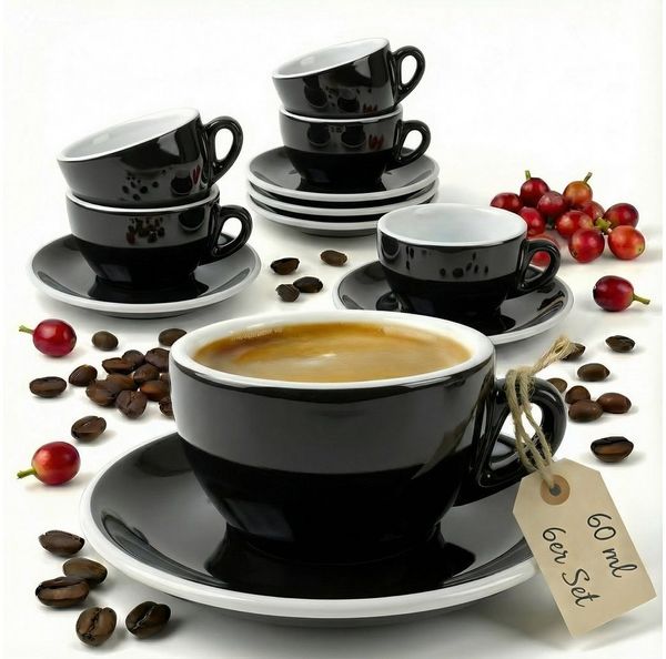 MUVELL Espressotasse Espressotassen Set 6 Tassen & Untertassen 0,8 cm dickwandig, 6-tlg, Keramik, 60 ml schwarz mit weißen Rand und Innenfläche