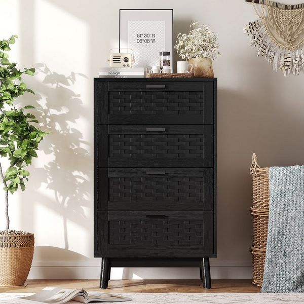 FUROKOY Kommode Sideboard mit 4 Schubladen Rattanschrank Küchenschrank, Schlafzimmerschrank Holz,Schwarz