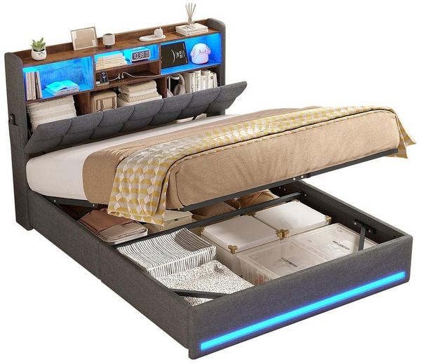MSMASK Polsterbett Hydraulisches Stauraumbett mit LED-Bleuchtung, 90X200 cm (1-tlg, Ohne Matratze), Jugendbett mit USB- und Type-C-Anschlüsse, Leinenstoff