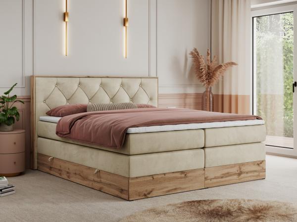 Boxspringbett VENETO KING, Doppelbett mit Multipocket-Matratze, Polsterbett mit Kopfstütze - 200 x 200 cm - Beige Velvet - H3