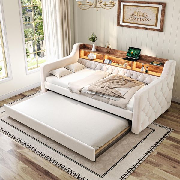 Ball & Cast Sofabett Tagesbett (90x190 cm) mit Ambientelicht & USB-C-Anschluss, Jugendbett mit Ausziehbett, Zeitsparende Montage, Beige