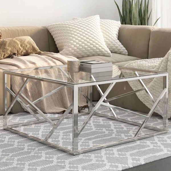 vidaXL Couchtisch Silbern Edelstahl und Hartglas 349945