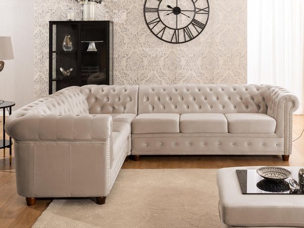S-Style Möbel Ecksofa Chesterfield L-Form Cleo Blink aus Samt mit Kristallsteppung, mit Wellenfederung