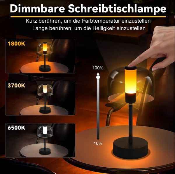 Nettlife LED Nachttischlampe Schwarz Touch Dimmbar Kabellos Aufladbar Tischleuchte Akku USB-C, Touch Dimmbar, LED fest integriert, mit Speicherfunktion für Schlafzimmer