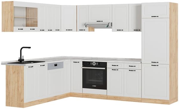 Eckküche R-Line Weiß Landhaus/Goldkraft Eiche 287 x 60 cm , AP Marmor Vicco