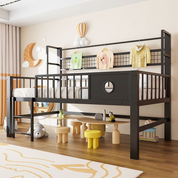 Kinderbett 90*200cm, Niedriges Hochbett mit Metallrahmen und Ablagefächern, geeignet für Kinder und Jugendliche. Schwarz.
