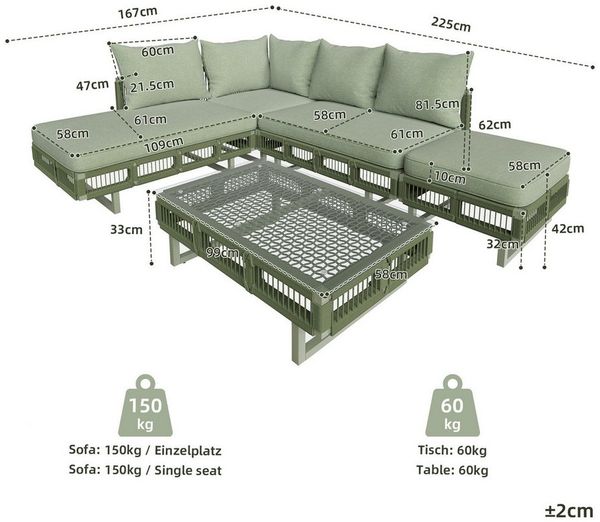 Celya Gartenlounge-Set Outdoor-Sitzgruppe aus Seilgeflecht, modulare Gartenmöbel-Set, (Set, wetterfest für Terrasse, Balkon, Poolbereich, Grün), mit verstellbaren Füßen, 10cm dicken Kissen und Glas-Couchtisch