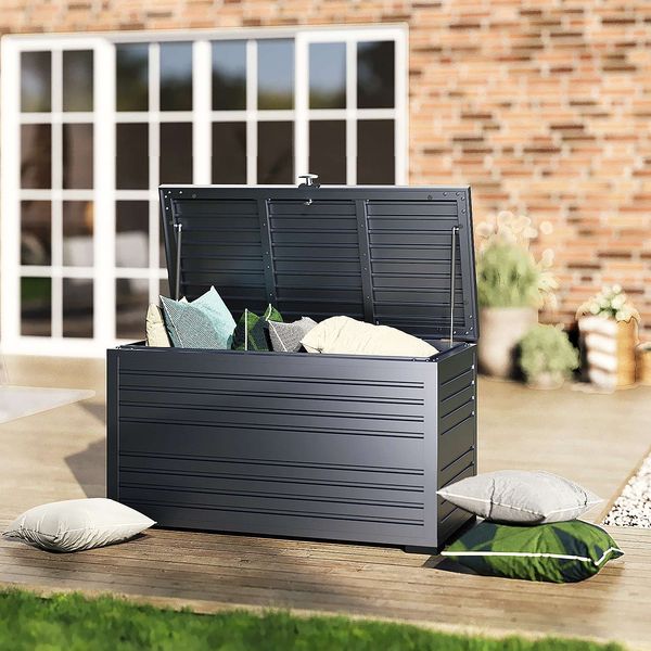 Weide Gartenbox | 100% Aluminium | Aufbewahrungsbox 590 L | Outdoor Box mit Deckel | 130 x 74 x 62 cm