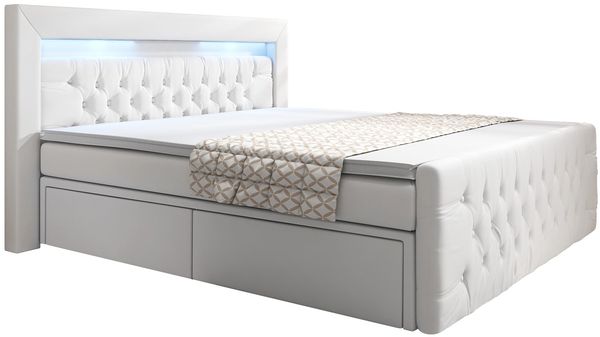 Boxspringbett Menzogna mit LED und Stauraum (2 Schubladen) 200x200 Weiß H2 (bis 70kg)